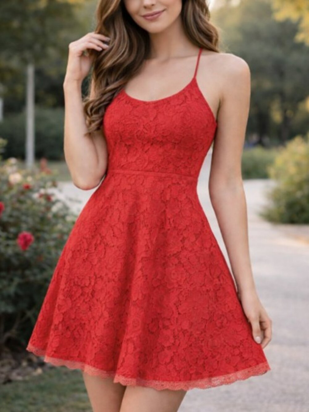 Flying Tomato Women's Cocktail Mini Dress Size Large Red Floral Lace Evening